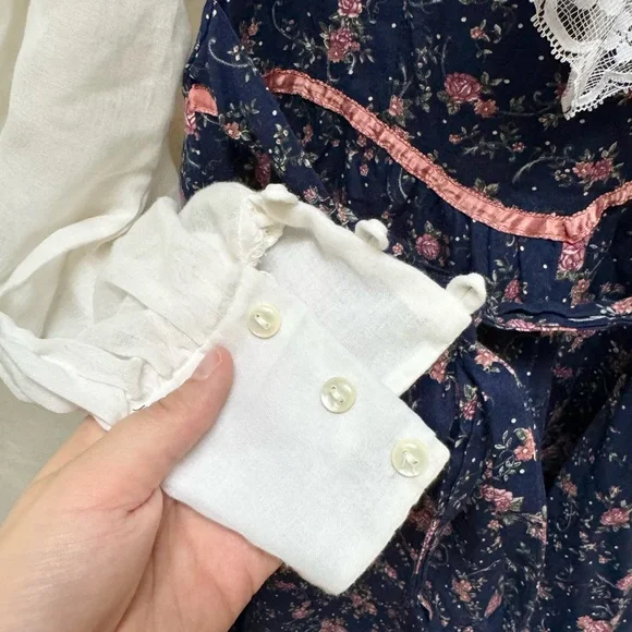 Vintage '70s Jessica McClintock Gunne Sax Navy/Pink Flower Dress - Picture 14 of 16